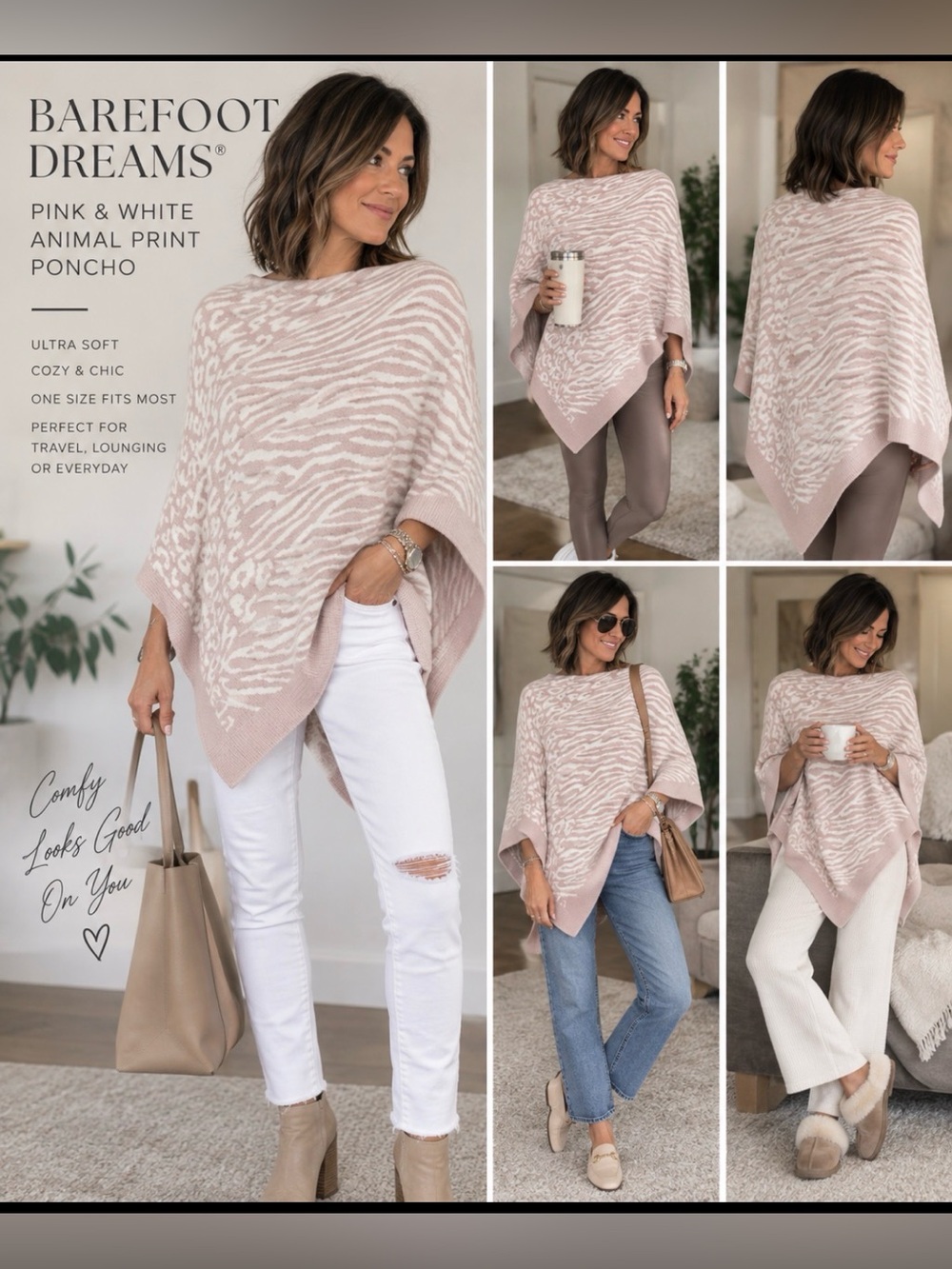 Barefoot Dreams Pink and White Animal Print Poncho